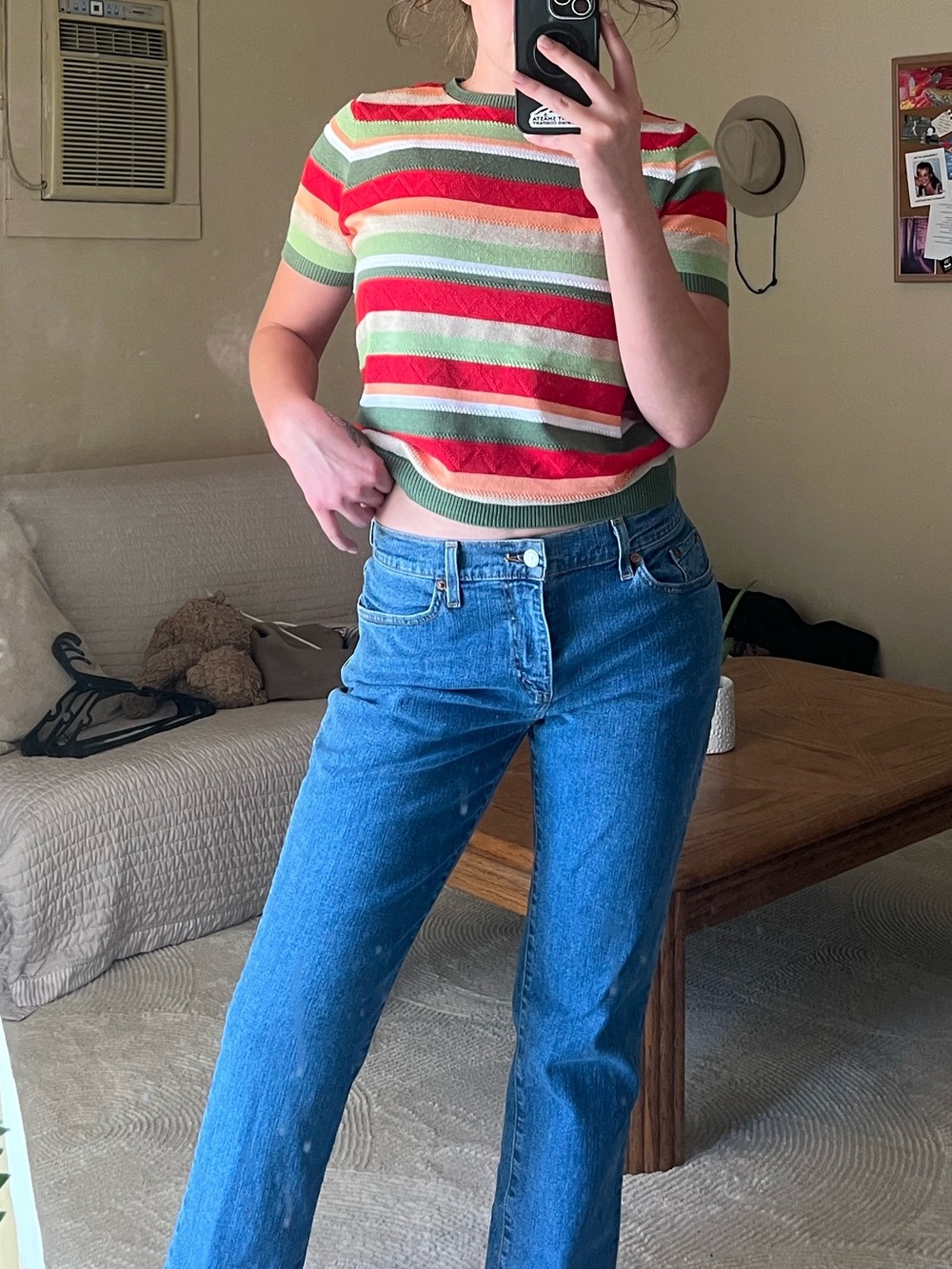 Striped Short-Sleeve Knit Crop Top in Red and Green